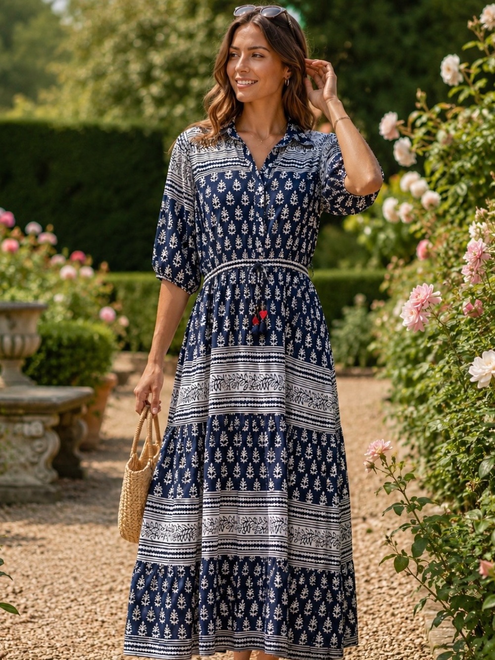 Bell by Alicia Bell Blue White Maxi Dress  sz Medium Cottagecore Coastal Boho